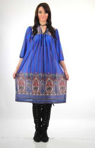Vintage 60s 70s boho hippie blue paisley border print shift dress