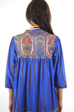 Vintage 60s 70s boho hippie blue paisley border print shift dress