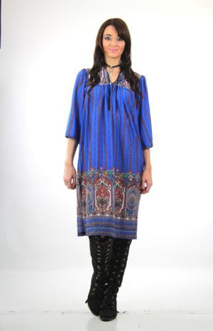 Vintage 60s 70s boho hippie blue paisley border print shift dress