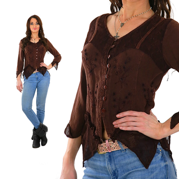 Vintage 90s grunge brown embroidered hippie boho floral crop top M