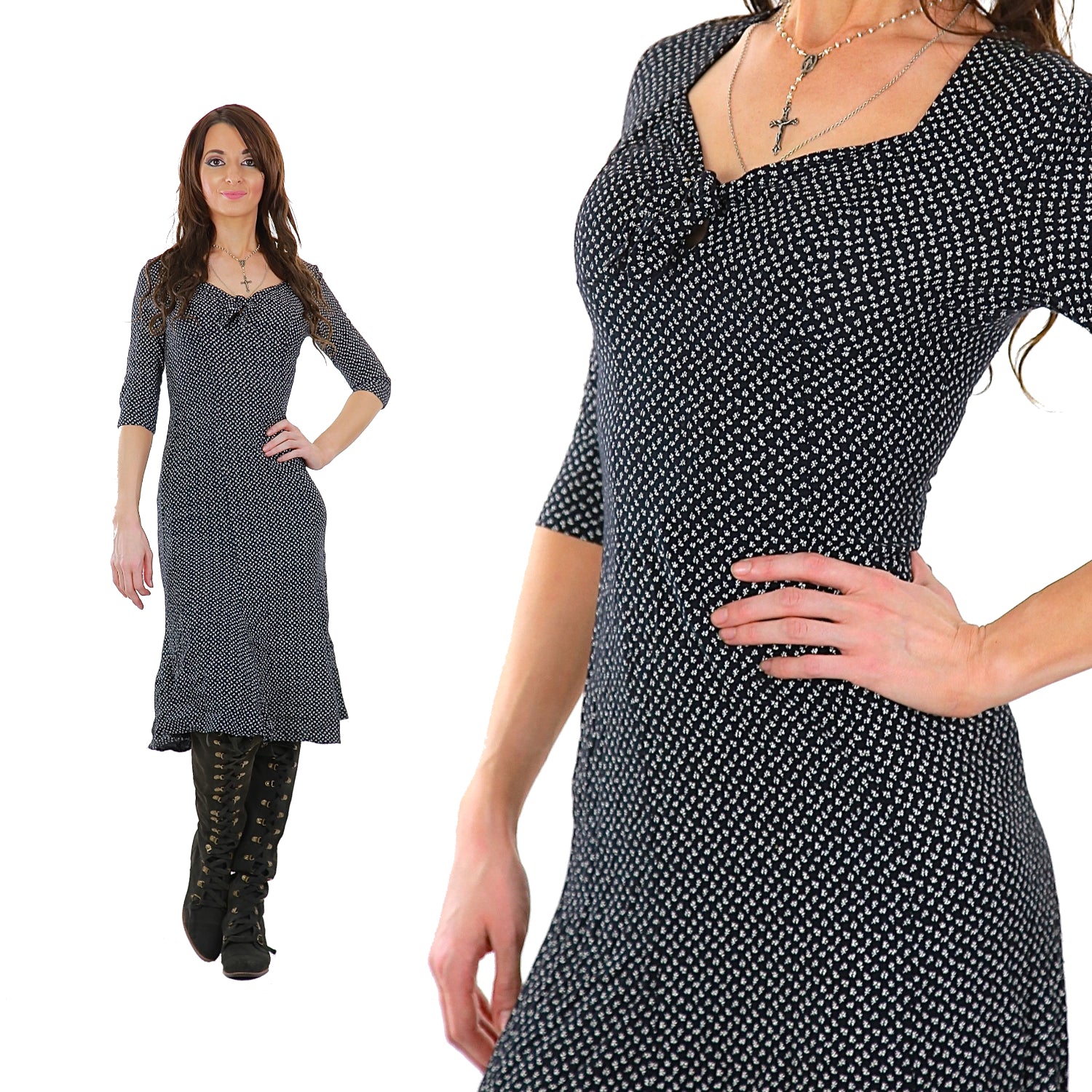 Authenic vintage 90s black ditsy floral grunge dress sweetheart neck