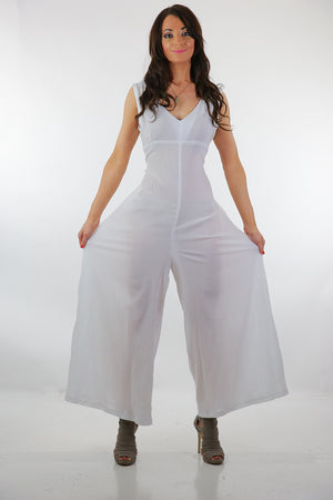Boho white Palazzo jumpsuit sheer gauze sleeveless wide leg
