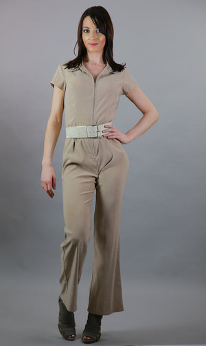 Vintage 80s boho ultra suede jumpsuit romper short sleeve zip up beige
