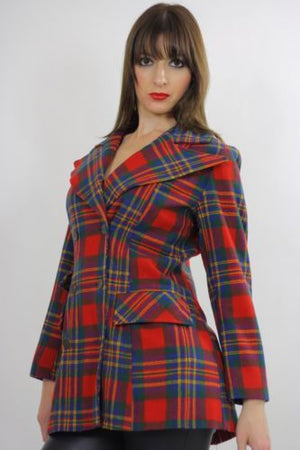 Vintage 70s mod boho red tartan plaid wool jacket blazer top double breasted