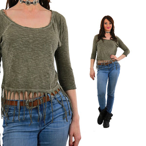 Vintage 90s grunge boho Fringed shirt green faded slouchy crop top M