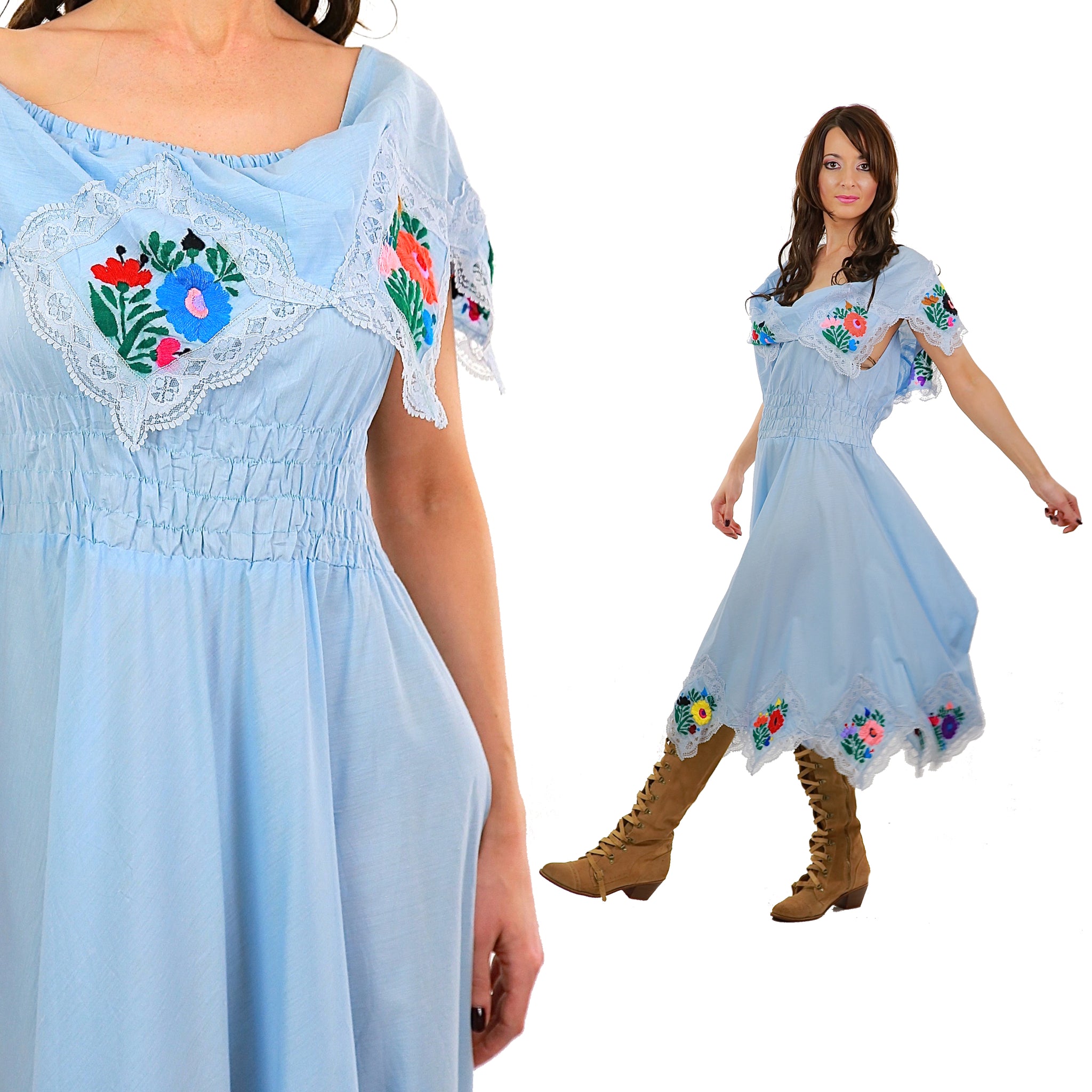 Mexican Embroidered Dress Pastel Blue Floral abstract handkerchief boho peasant