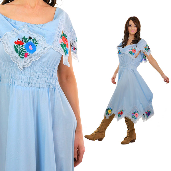 Mexican Embroidered Dress Pastel Blue Floral abstract handkerchief boho peasant
