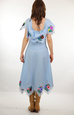 Mexican Embroidered Dress Pastel Blue Floral abstract handkerchief boho peasant
