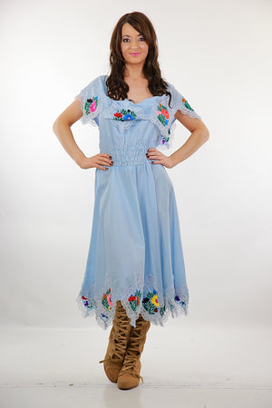 Mexican Embroidered Dress Pastel Blue Floral abstract handkerchief boho peasant