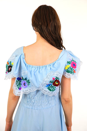Mexican Embroidered Dress Pastel Blue Floral abstract handkerchief boho peasant