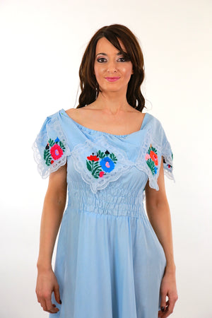 Mexican Embroidered Dress Pastel Blue Floral abstract handkerchief boho peasant