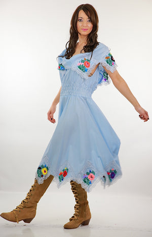 Mexican Embroidered Dress Pastel Blue Floral abstract handkerchief boho peasant