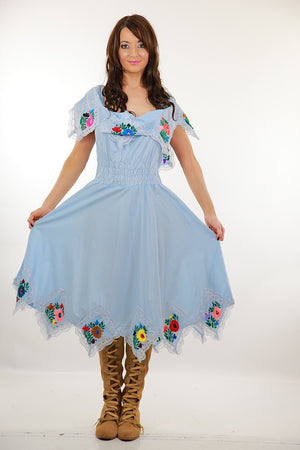 Mexican Embroidered Dress Pastel Blue Floral abstract handkerchief boho peasant