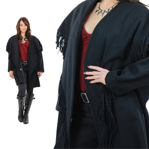 Vintage 80s boho black fringe coat bohemian heavy jacket L
