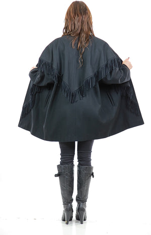 Vintage 80s boho black fringe coat bohemian heavy jacket L