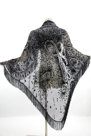 Boho Hippie black silk burnout velvet fringe shawl wrap coverup - shabbybabe
 - 5