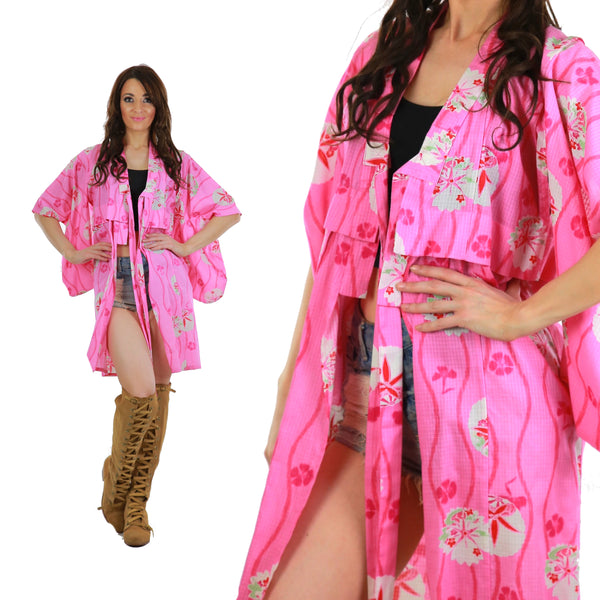 Genuine Asian kimono robe pink floral cotton hppie boho festival wrap jacket M