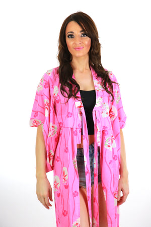 Genuine Asian kimono robe pink floral cotton hppie boho festival wrap jacket M