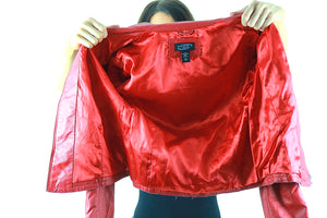 Red leather motorcycle moto jacket metal zipper vintage 80s rocker L Large