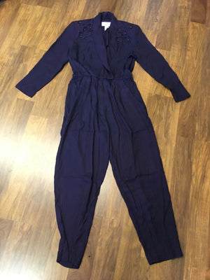 Vintage 80s 1980s boho navy blue beaded jumpsuit sleek evening party cocktail M