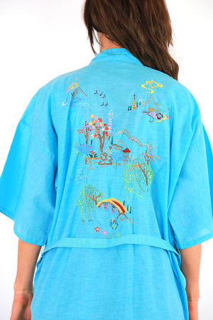 Embroidered Blue Kimono robe belted boho jacket bohemian festival coat M