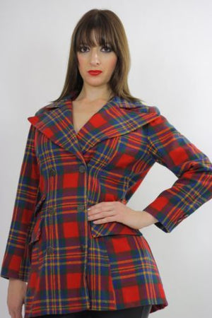 Vintage 70s mod boho red tartan plaid wool jacket blazer top double breasted