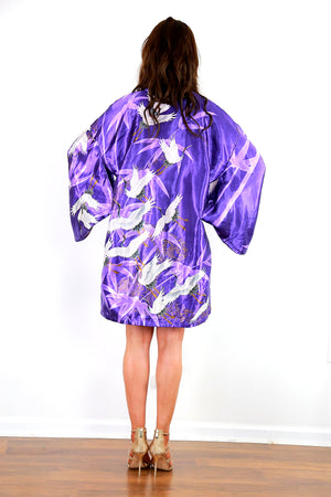 Vintage kimono jacket purple satin white crane bird print boho festival top