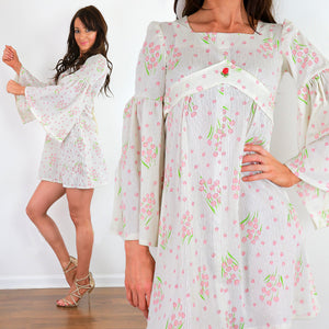 Authentic vintage white boho dress angel sleeve hippie dress