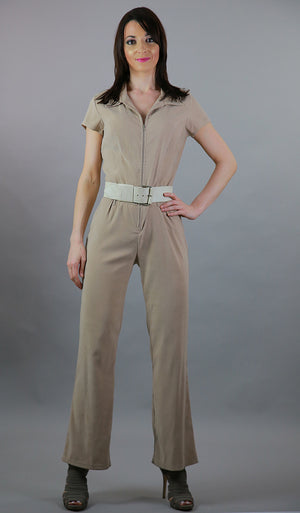 Vintage 80s boho ultra suede jumpsuit romper short sleeve zip up beige