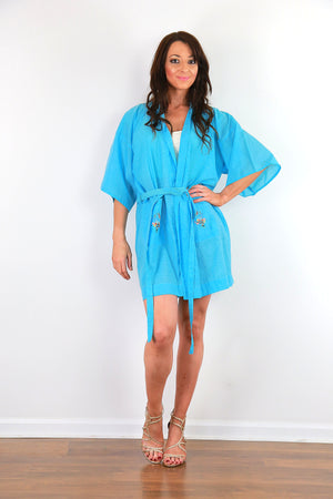 Embroidered Blue Kimono robe belted boho jacket bohemian festival coat M