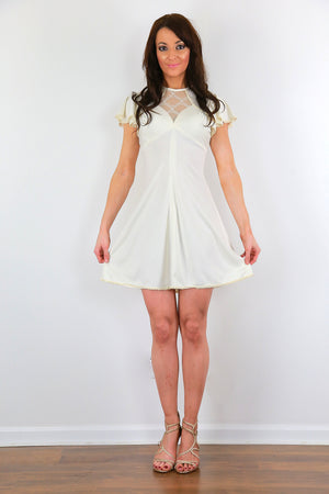 White mini dress boho party dress authentic vintage 70s sheer lace dress