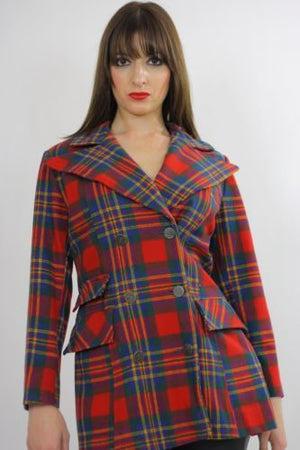 Vintage 70s mod boho red tartan plaid wool jacket blazer top double breasted