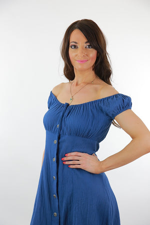 Blue Peasant Dress Button down off shoulder boho festival mini sundress M