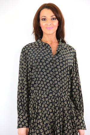 Geometric boho dress Vintage 80s mini length silk button up long sleeve full skirt loose fit M