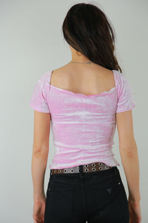 Pink stretch velvet top bohemian flutter sleeve  sweetheart neckline