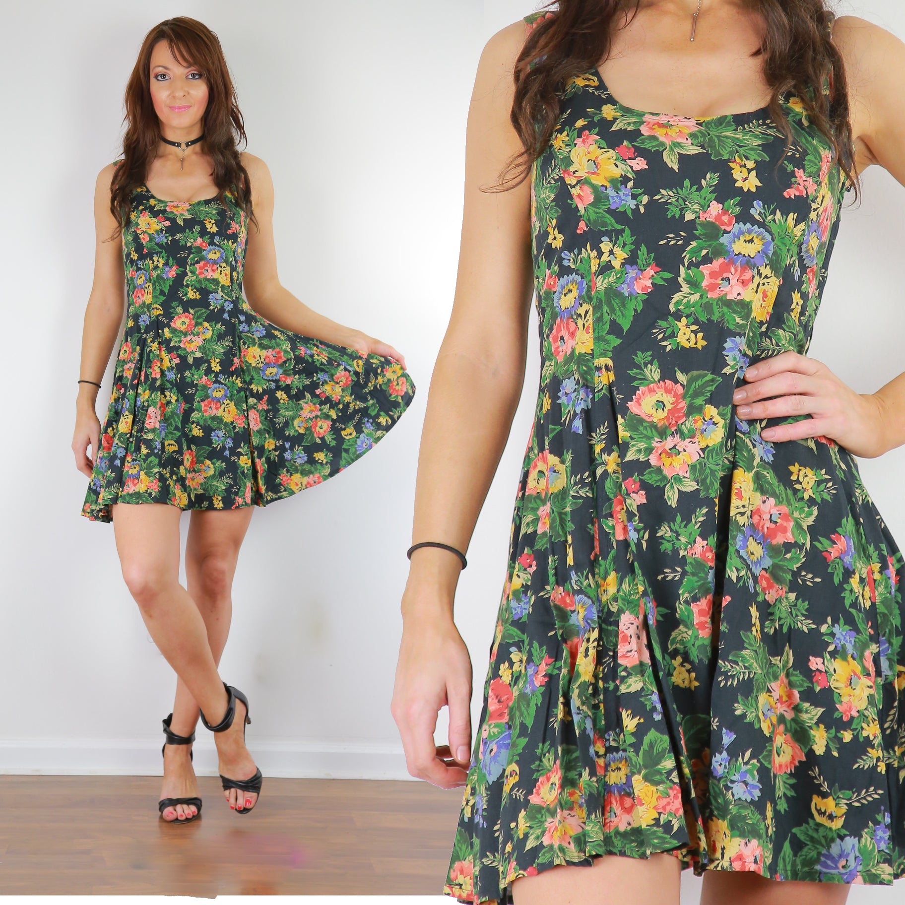 Vintage 90s grunge green floral skater dress sleeveless mini dress - shabbybabe Vintage 90s grunge green floral skater dress sleeveless mini dress - shabbybabe