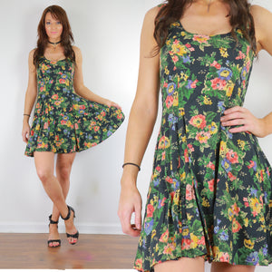 Vintage 90s grunge green floral skater dress sleeveless mini dress