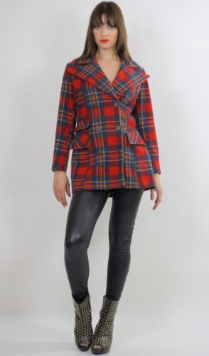 Vintage 70s mod boho red tartan plaid wool jacket blazer top double breasted
