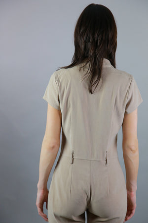 Vintage 80s boho ultra suede jumpsuit romper short sleeve zip up beige