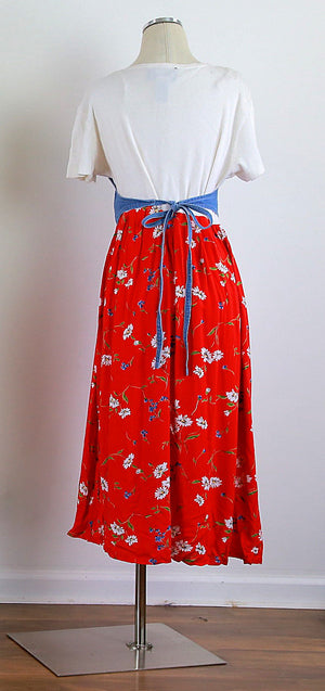 Vintage 80s 1980s boho color block red floral w denim tie back vest dress M