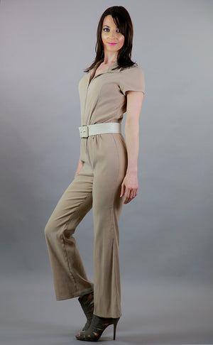 Vintage 80s boho ultra suede jumpsuit romper short sleeve zip up beige