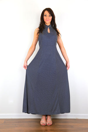 Polka dot maxi dress Genuine vintage 70s high neck navy long dress