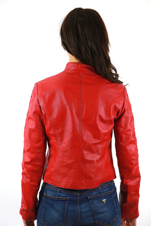 Red leather motorcycle moto jacket metal zipper vintage 80s rocker L Large