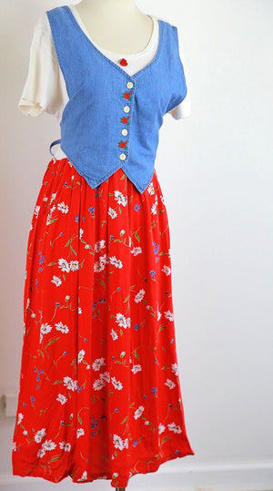 Vintage 80s 1980s boho color block red floral w denim tie back vest dress M