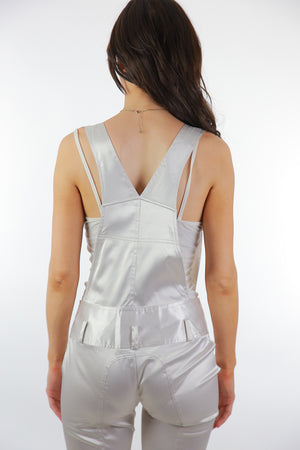 90s white satin jumpsuit grunge coveralls rocker disco fitted party cocktail S