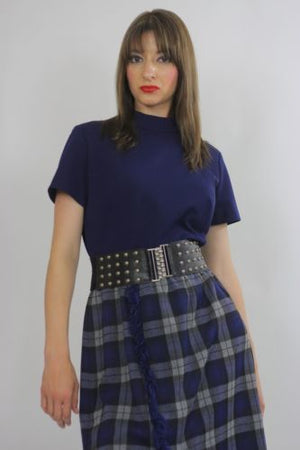 Vintage 70s preppie boho navy blue tartan plaid highwaisted midi dress