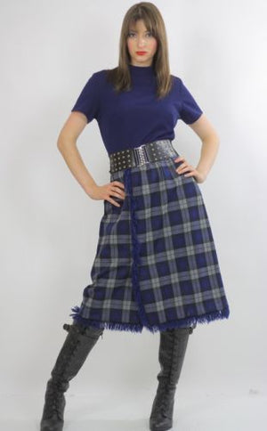 Vintage 70s preppie boho navy blue tartan plaid highwaisted midi dress