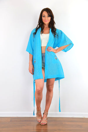 Embroidered Blue Kimono robe belted boho jacket bohemian festival coat M