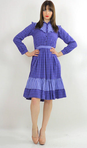 Vintage 70s hippie boho tiered plaid prairie mini dress - shabbybabe
 - 2