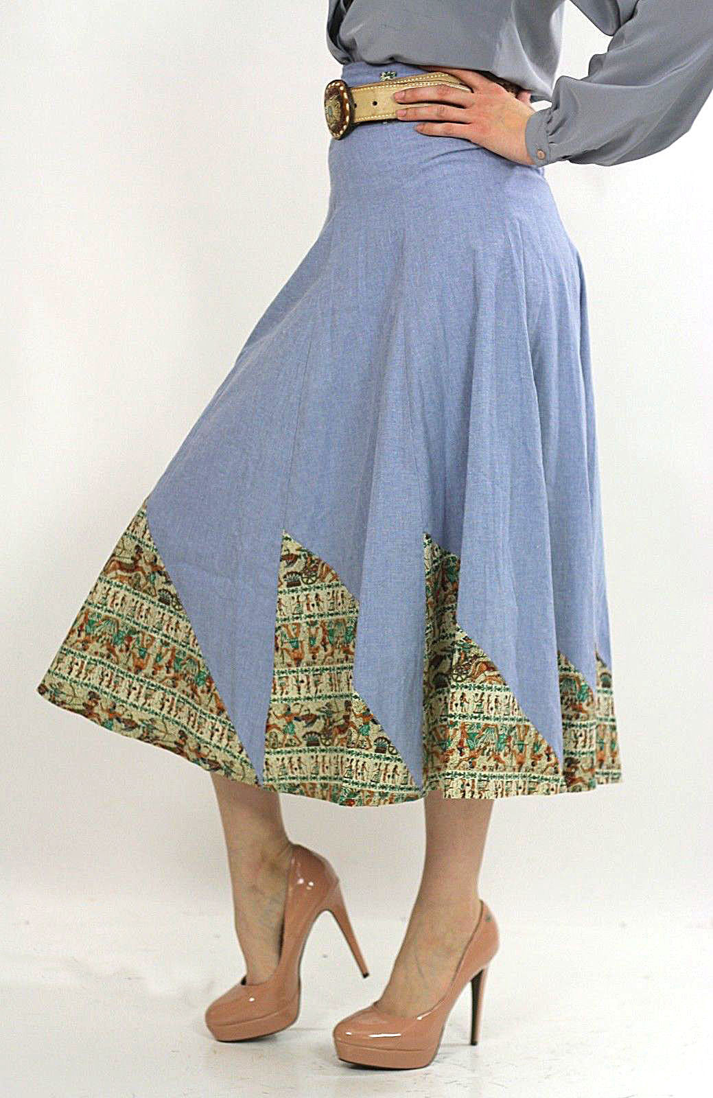 Patchwork Skirt Boho 70s Skirt Vintage 70s Boho Blue Chambray